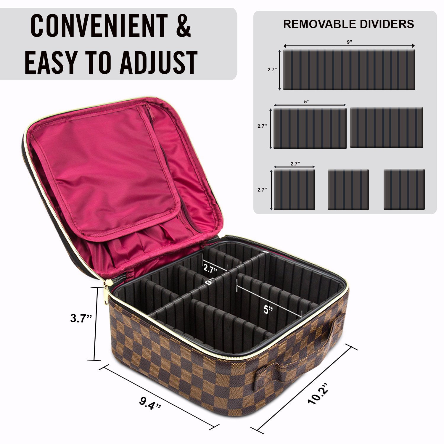 Makeup Bag for Women Checkered Travel Case Leather Cosmetic Organizer Tools  Toiletry Jewelry 
