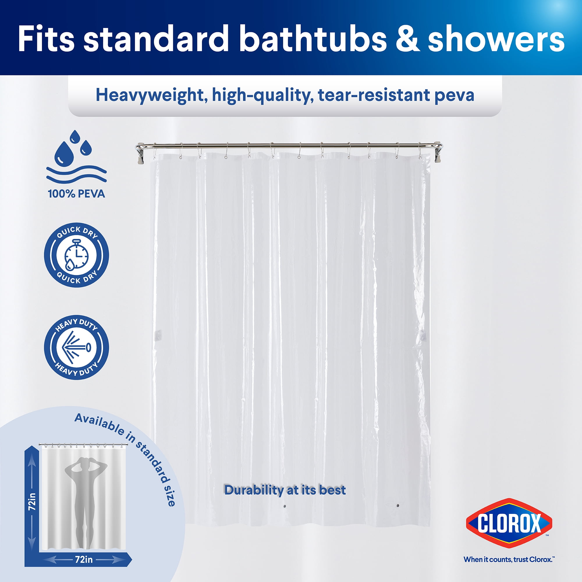 Clorox Shower Curtain Liner Heavyweight Waterproof PEVA with Metal Grommets 72" x 72" Clear