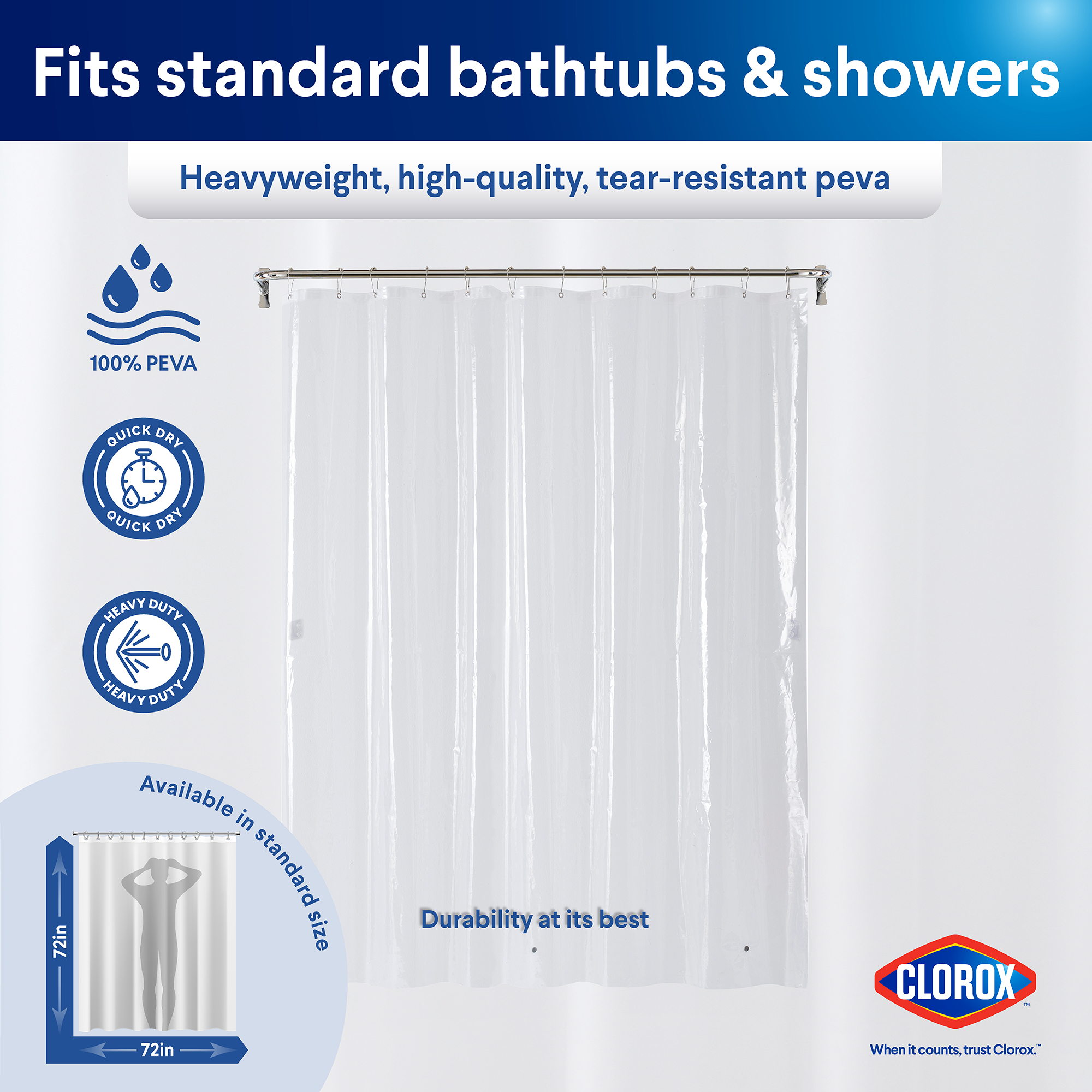 Clorox Heavyweight Shower Curtain Liner, Clear PEVA, 72" x 72" photo 2