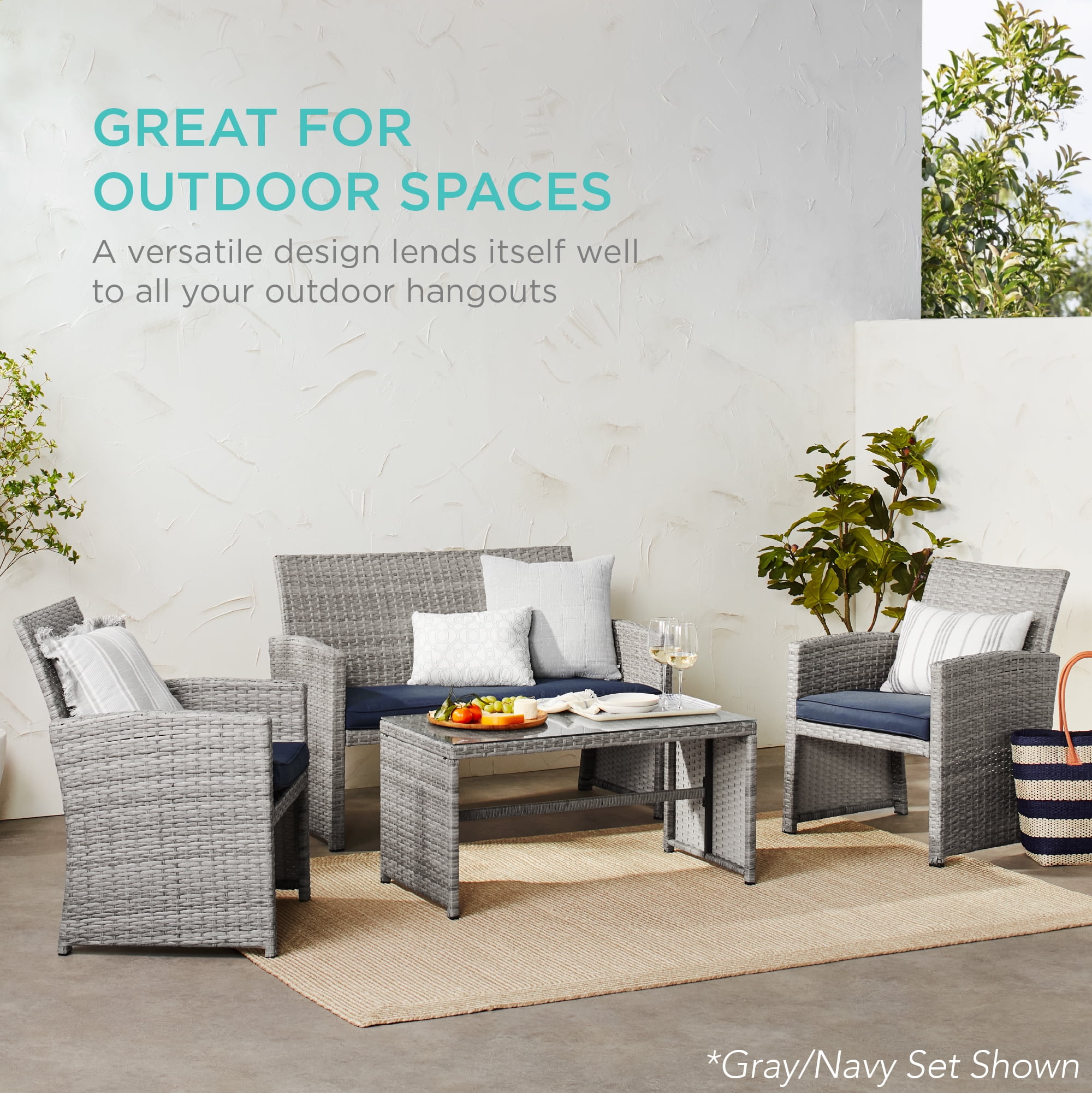 Best Choice Products 4-Piece Outdoor Wicker Patio Conversation Furniture Set w/ Table, Cushions - Black/Black