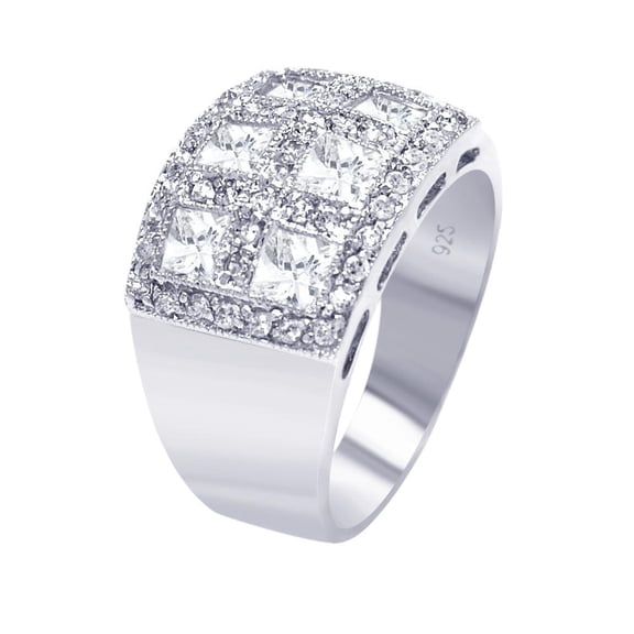 Rhodium Plated Sterling Silver 925 Clear Square Cigar Band Ring White CZ Jewelry Female Size 9