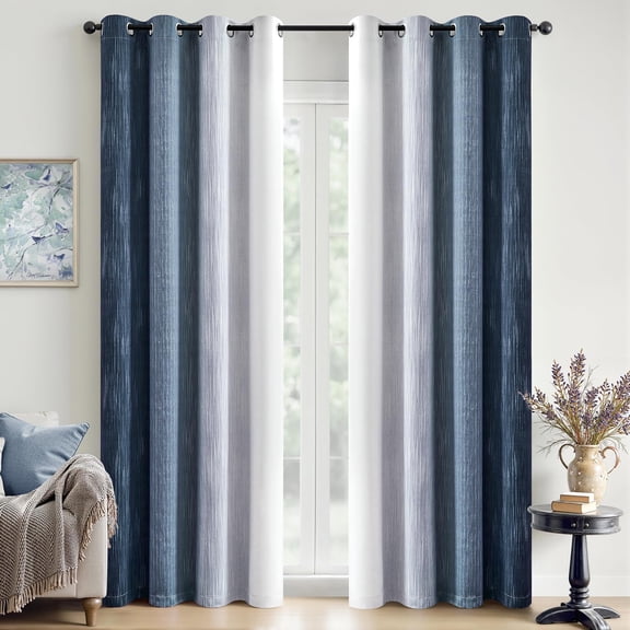 Ombre 100% Blackout Curtains, Navy Blue and Greyish White Full Room Darkening Thermal Insulated 72 Inches Long Drapes for Bedroom/Living Room Grommet Window Treatments Modern 52Wx72L, Set of 2