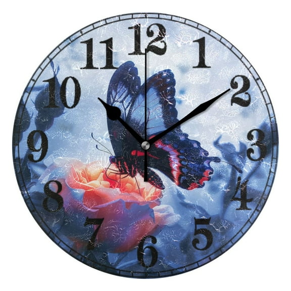 Butterfly Rose Flower Silent Wall Clock 10" Non-Ticking Battery Clock