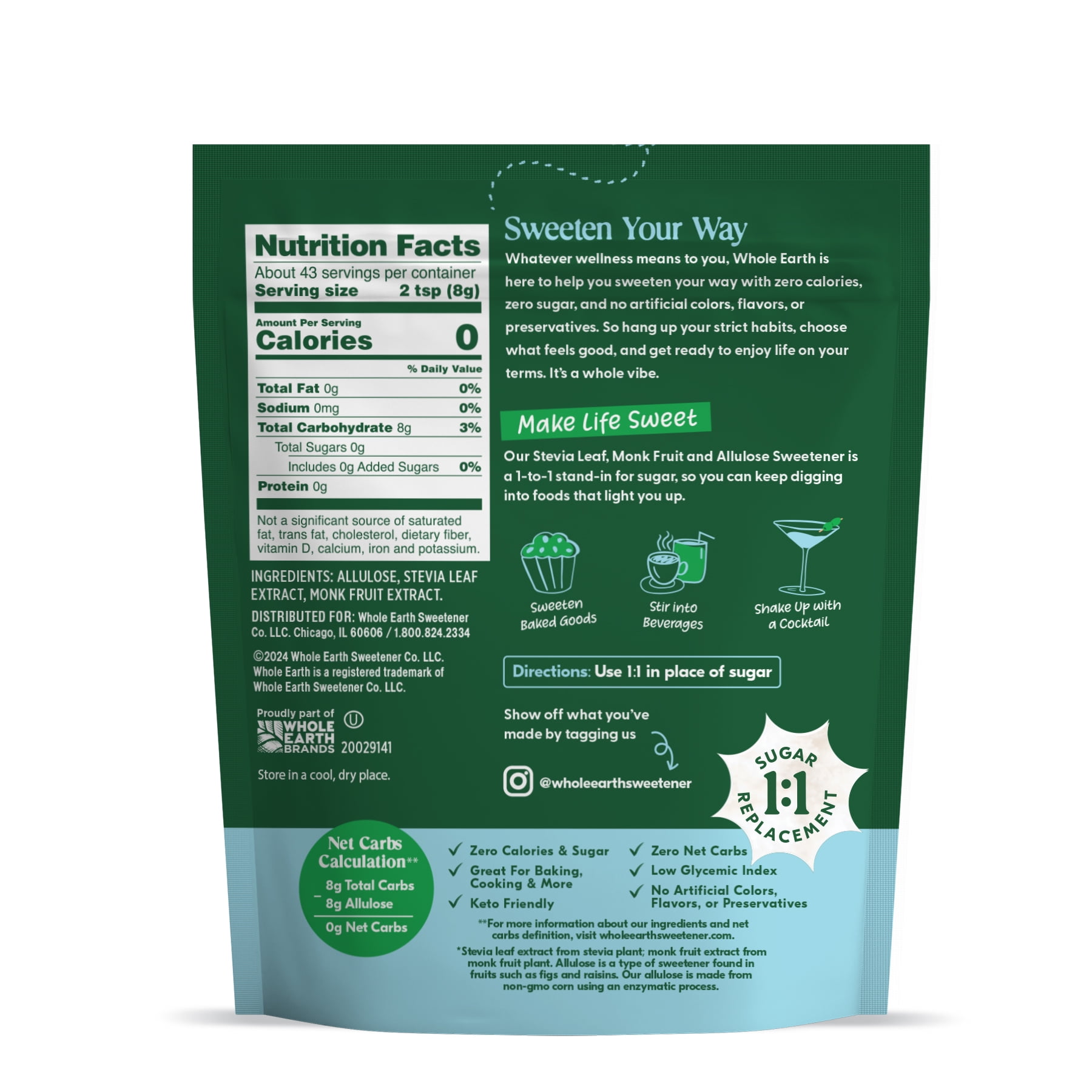 (3 pack) Whole Earth Zero Calorie Stevia, Monk Fruit & Allulose Sweetener, Zero Calorie Sugar Substitute, Keto-Friendly, Non-GMO, No Erythritol, Erythritol-Free, Pouch, 12oz Pouch