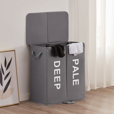 Lifewit 136L Double Laundry Hamper with Lid and Removable Laundry Bags, Large Divided Hamper, Grey