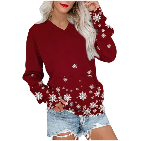 successthop Christmas Sweatshirt for Women Snowflakes Oversized Long Sleeve V Neck Top Cozy Sweater with Pockets Red S