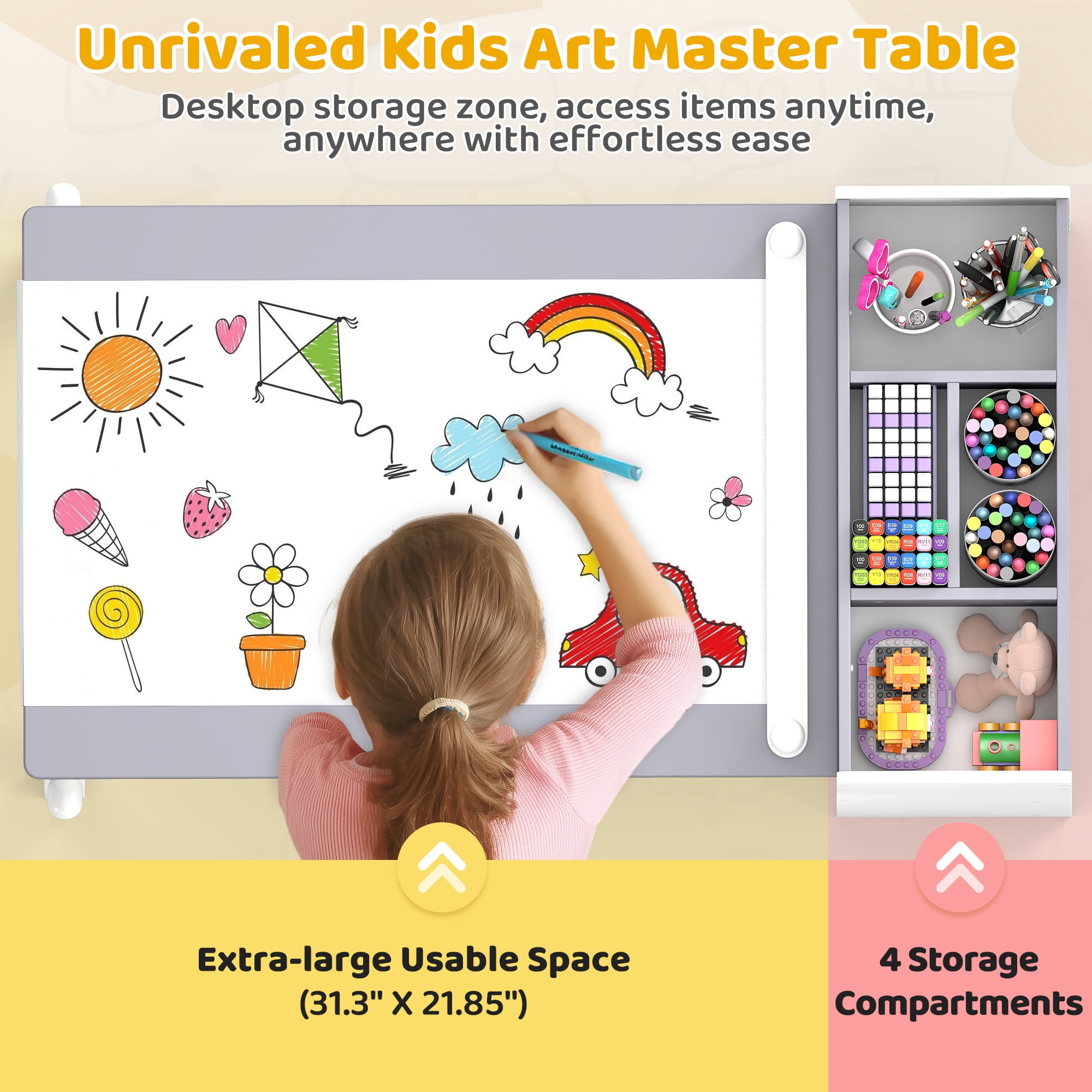 Kids Art Table and Chair Set, Craft and Play Wood Activity Table with Storage Bins and Paper Roll, Toddler Desk for Playroom/Nursery/Home, Kids Table and Chairs Set for Drawing/Learning/Read
