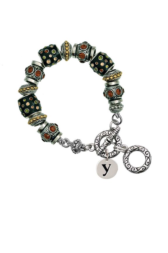 Silvertone Disc 1/2'' Initial - y - Fall Crystal Bead Charm Bracelet