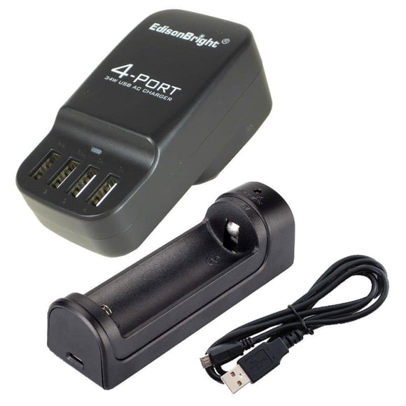 EdisonBright Fenix are-X1 18650/16340 Battery Charger EB-4U 4-Port USB Charging Station Bundle