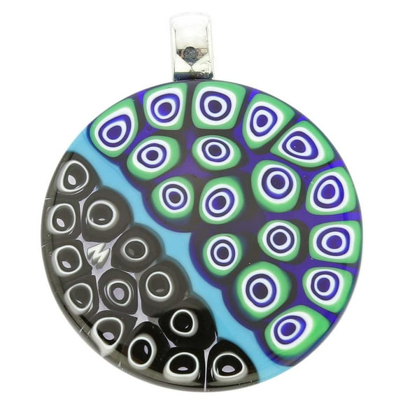 GlassOfVenice Murano Glass Abstract Millefiori Round Pendant - Blue and Black