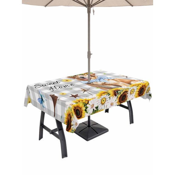 Outdoor Tablecloth with Umbrella Hole and Zipper, Sunflowers Dog Rectangle Table Cloth 60x102 Inch Waterproof Tablecloth, Spring Watercolor Floral Stars Grey Plaid Picnic Table Cover for Patio