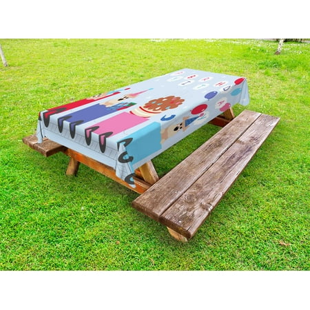 Cloud B Bear Kids Birthday Outdoor Tablecloth, Celebration Baby Bear Dog in Train Balloons Clouds on Pale Blue Backdrop, Decorative Washable Fabric Picnic Tablecloth, 58 X 104 Inches, Multicolor, by Ambesonne ()