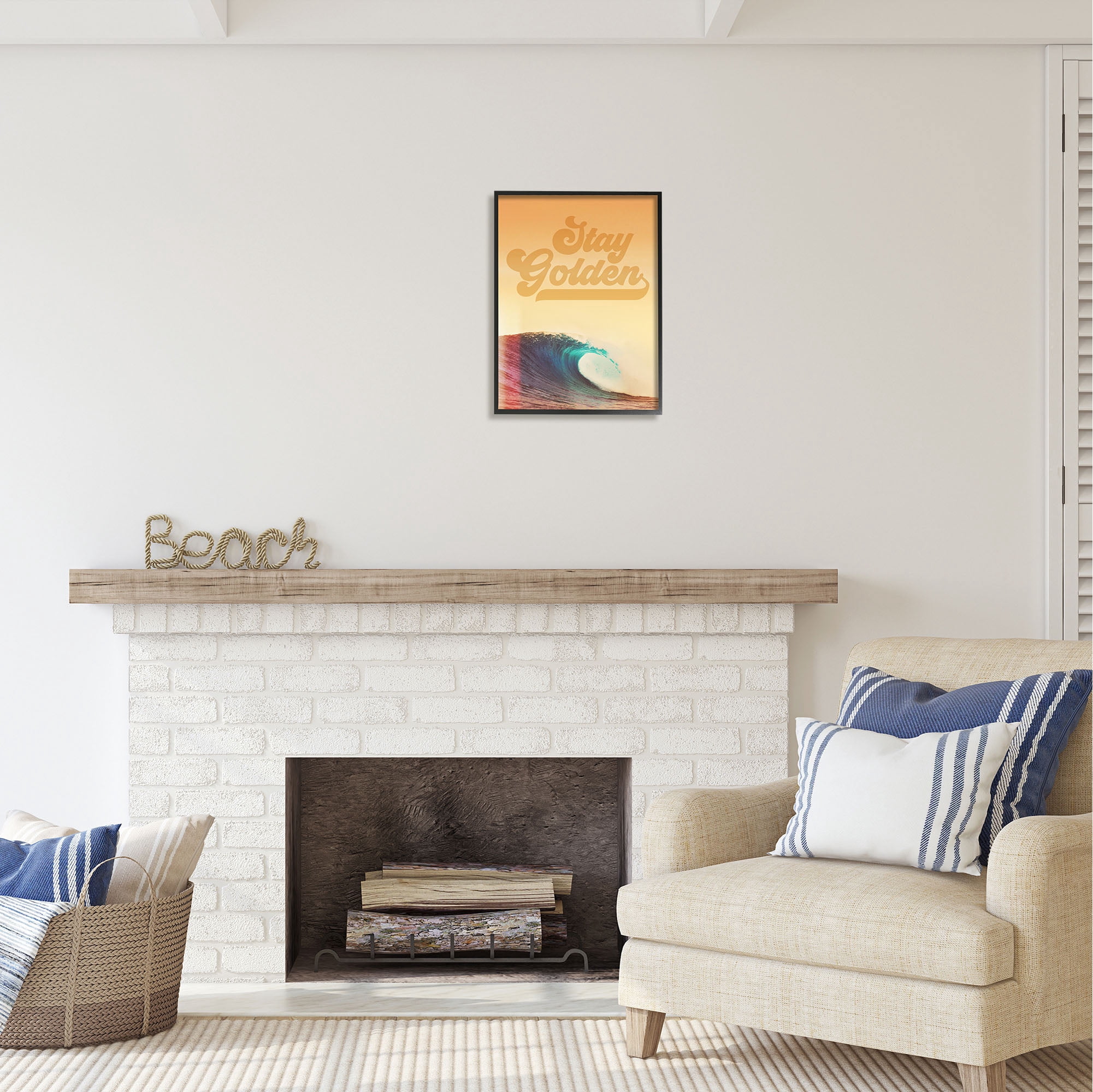 Stupell Industries Stay Golden Beach Waves Nature Painting Black Framed Art Print Wall Art, 16 x 20