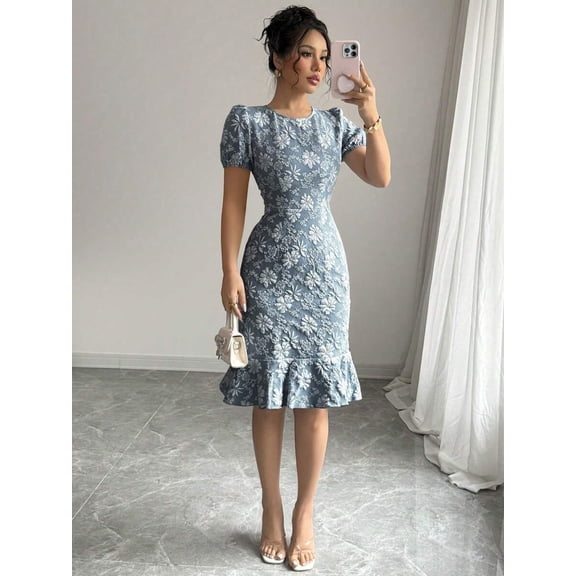 Dusty Blue Floral Embroidered Puff Sleeve Ruffle Hem Midi Fit & Flare Dress