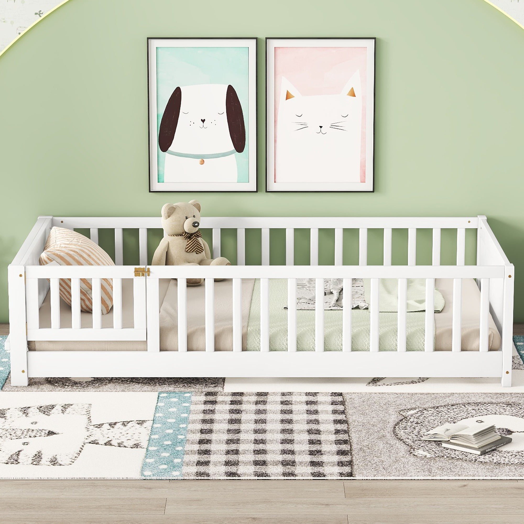 PORKISS Kids Floor Bed, Twin Size Solid Wood Floor Platform Bed with Book Storage Rack, Montessori Bed, With Door - White