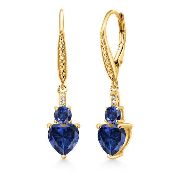Gem Stone King 18K Yellow Gold Plated Silver Blue Simulated Sapphire Blue Created Sapphire and White Lab Grown Diamond Drop Dangle Earrings for Women (2.73 Cttw, Heart Shape 7MM, Round 4MM)