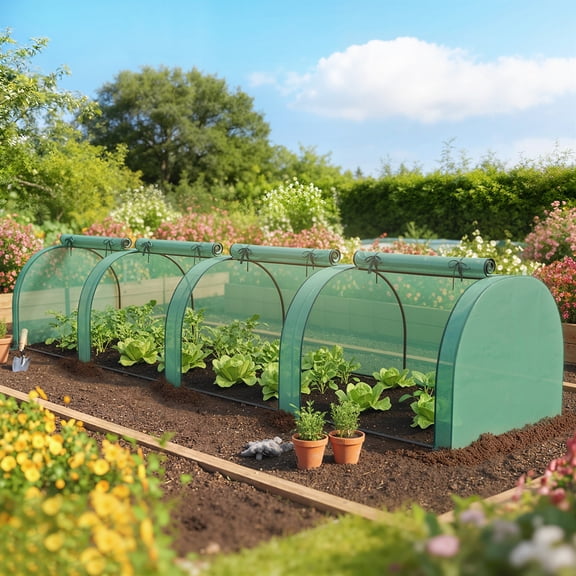 Outsunny Mini Greenhouse, 177.2" x 39.4" x 31.5" Portable Greenhouse with 4 Roll-Up Doors, PE Cover, Green