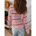 thumbnail image 5 of Womens Striped Ribbed Edge Sweater Long Sleeve Crewneck Drop Shoulder Fall Sweaters Top Pink S, 5 of 6