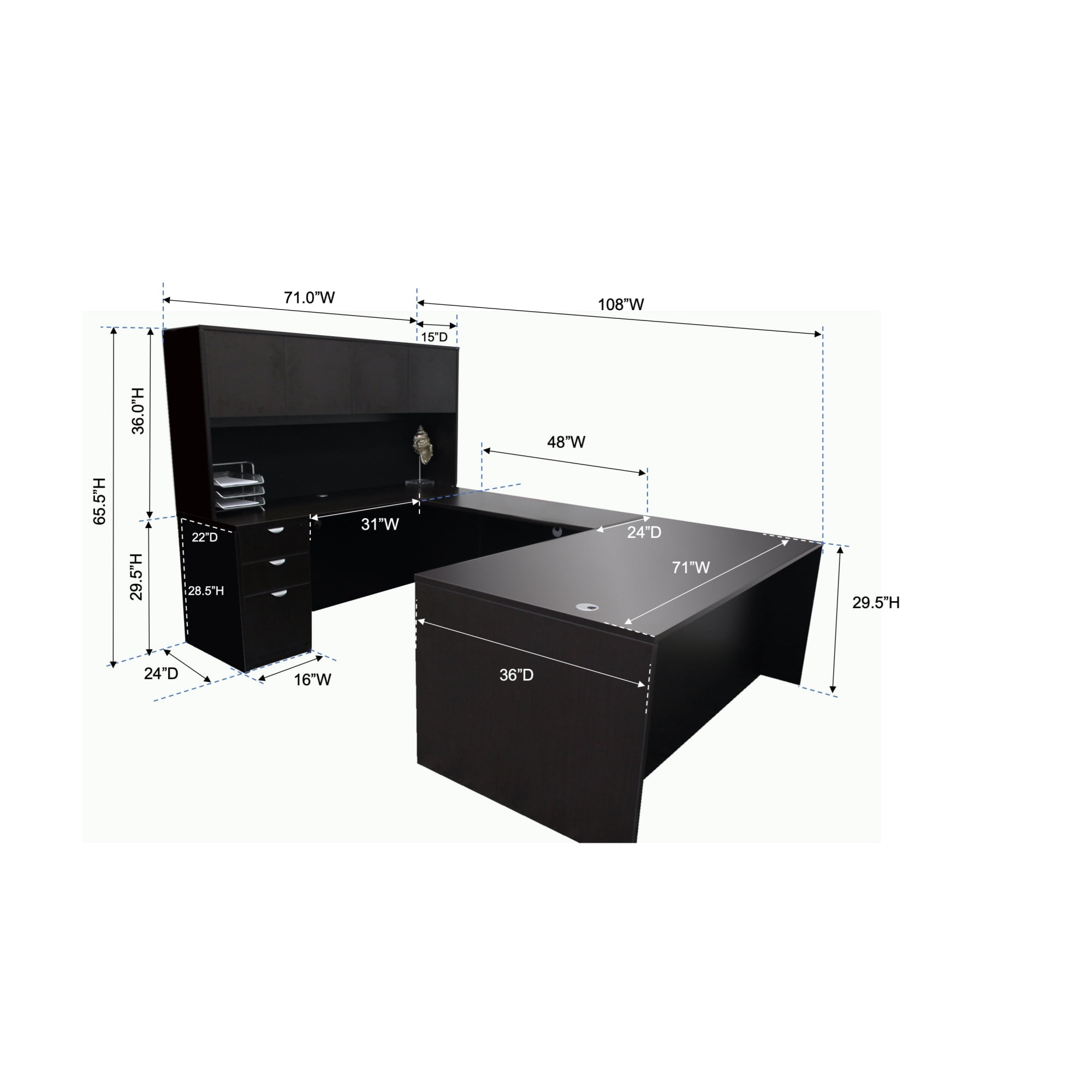 Boss Office Products U-Shape Desk Credenza with Pedestal and Hutch in Mocha