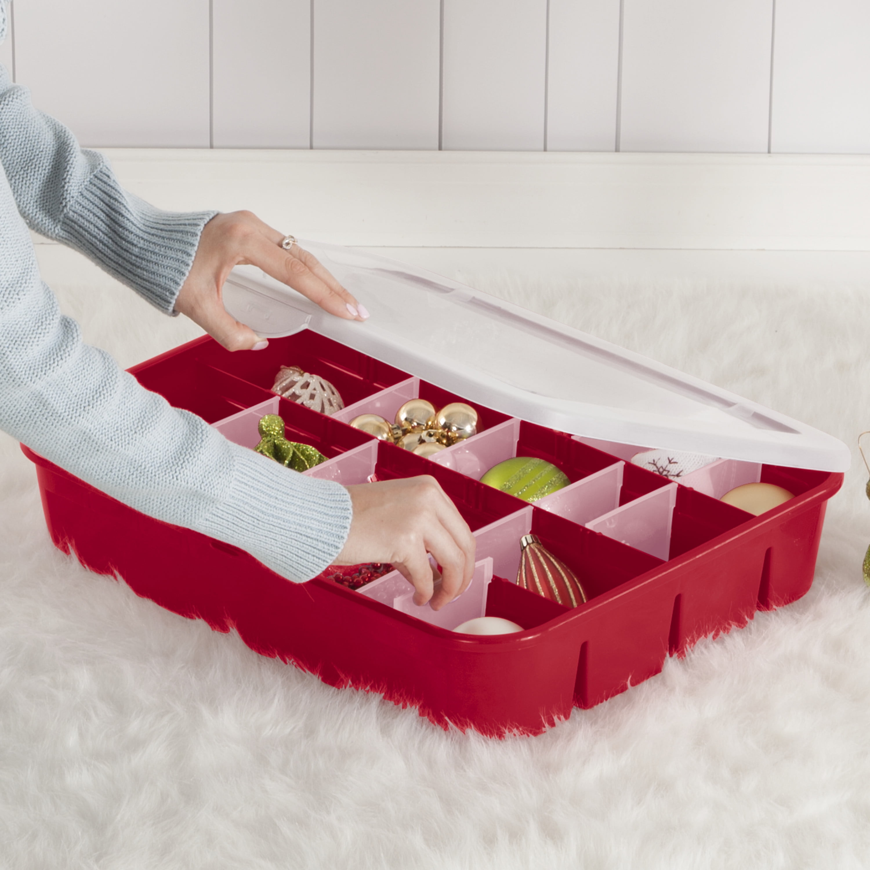 OSTO 13.5-in x 7-in 96-Compartment Red Plastic Adjustable Compartments  Ornament Storage Box at