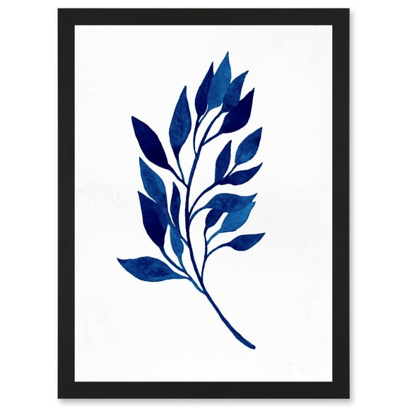 Navy Blue Watercolour Leaves Artwork Framed Wall Art Print A4