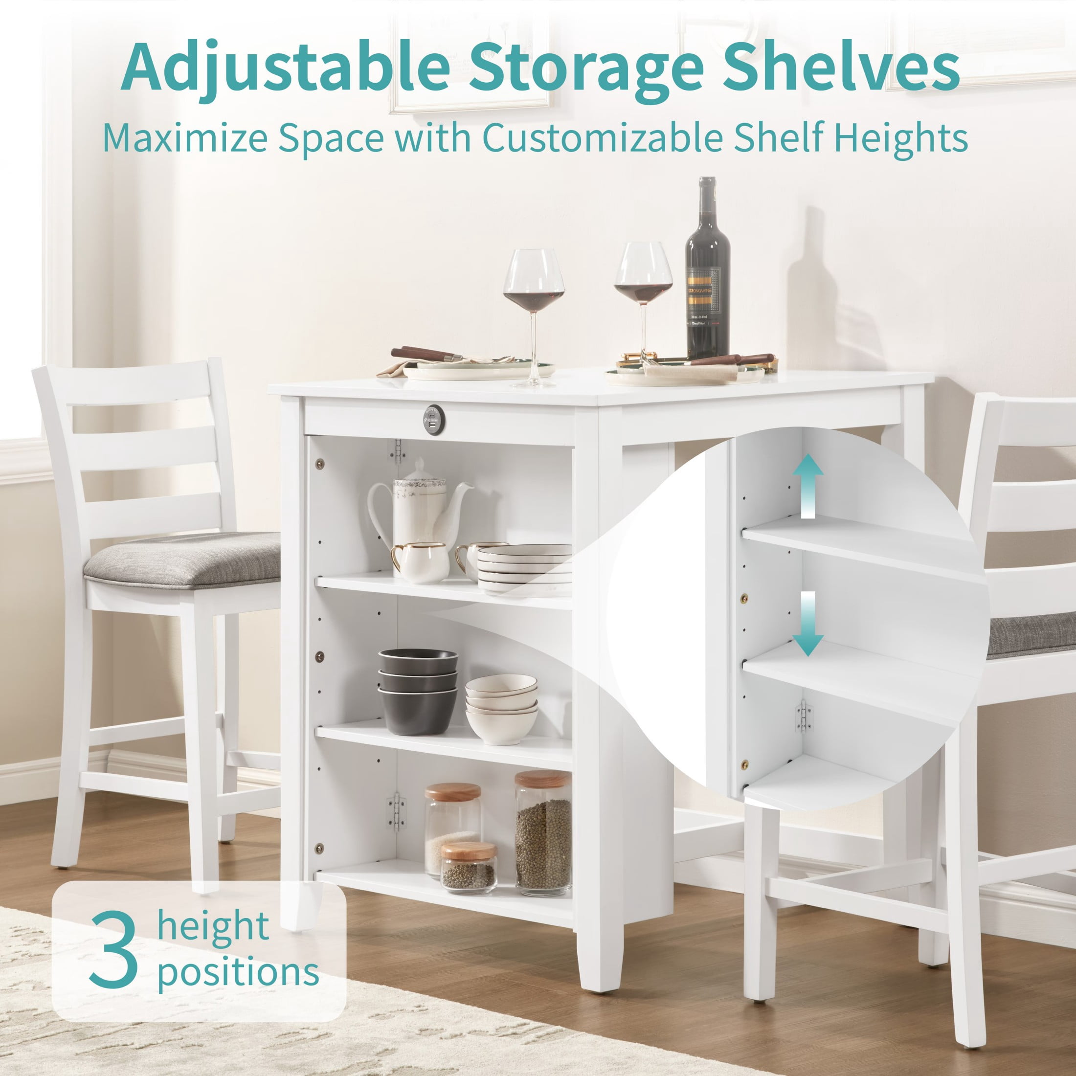 Aukfa 2 - Person Solid Wood Top Dining Table Set with Charging Station & 3-Tier Shelves, 36"L Dining Table with 2 Upholstered Chairs for Compact Kitchen, White
