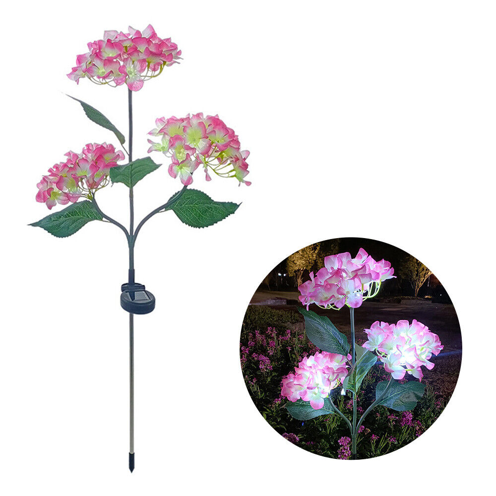 2 Pack 3 Head Hydrangea Solar Garden Stake Lights Outdoor Waterproof Solar Powered Decorative Lights for Patio, Courtyard, Garden Lawn (Pink)