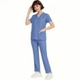 thumbnail image 5 of Mlqidk Scrubs for Women Set Plus Size Scrub Set Petite V-Neck Yoga Scrub Leg Pantss and Tops Medical Uniforms Nursing Top with Pockets Blue M, 5 of 5