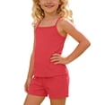 thumbnail image 5 of Amidoa Girls Summer 2 Piece Outfits Kids Solid Color Spaghetti Straps and Shorts Casual Cute Clothing Sets Red Size 7, 5 of 8
