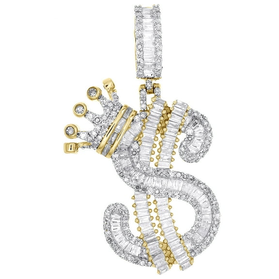 10K Yellow Gold Baguette Diamond Men's Iced Dollar Sign $ w/ Crown Pendant 1 CT