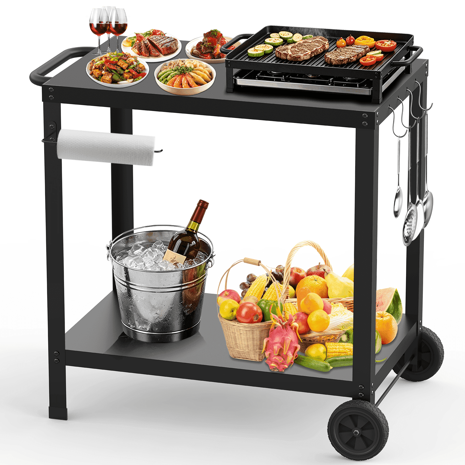 Outdoor Grill Cart for Blackstone Griddle, 2-Shelves Grill Tables for Outside, Kitchen Food Prep Table with Wheels, Pizza Oven Stand, Black