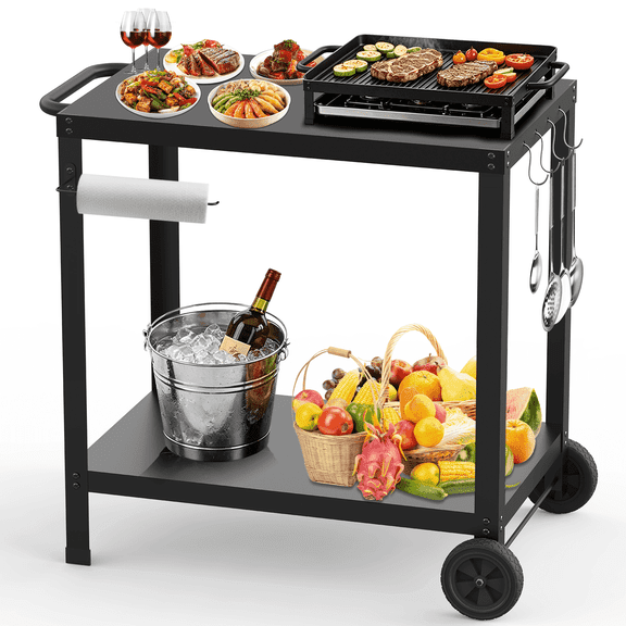 Outdoor Grill Cart for Blackstone Griddle, 2-Shelves Grill Tables for Outside, Kitchen Food Prep Table with Wheels, Pizza Oven Stand, Black