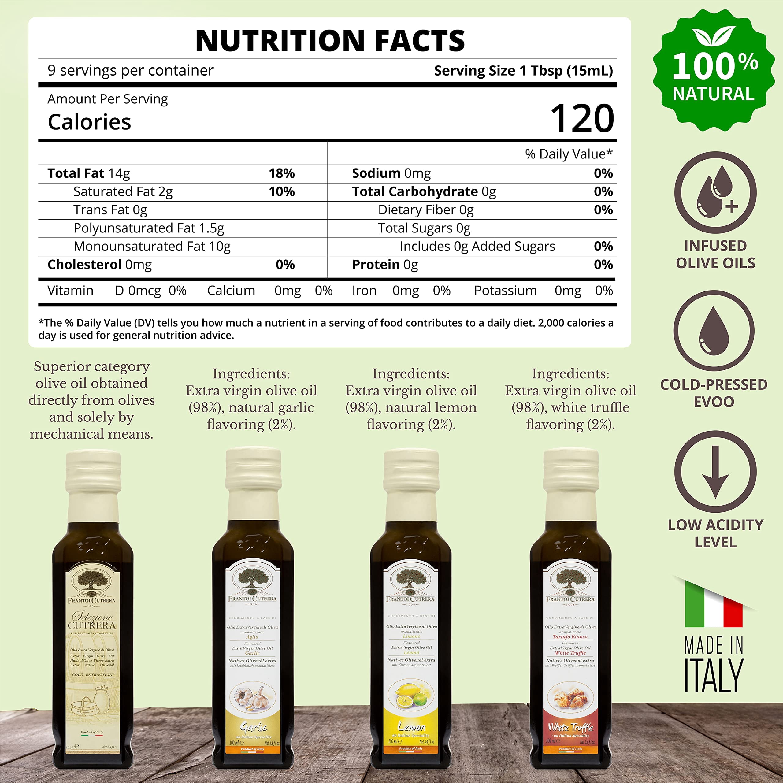 Mercato di Bellina Infused Olive Oil Tasting Set - Italian Original, Truffle, Garlic, and Lemon Flavored Olive Oil Gift Set for Cooking and Dipping Bread - Made in Italy - 4 X 3.38 fl oz (100ml)