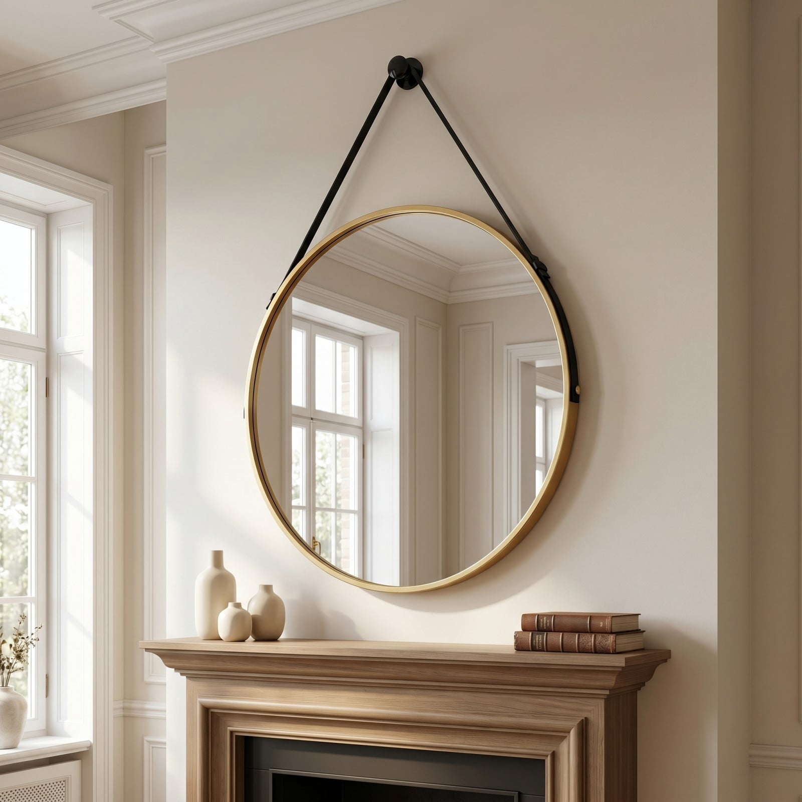Gleamira 20" Wall Mounted Mirror Round Vanity Mirror with Leather Strap, Gold