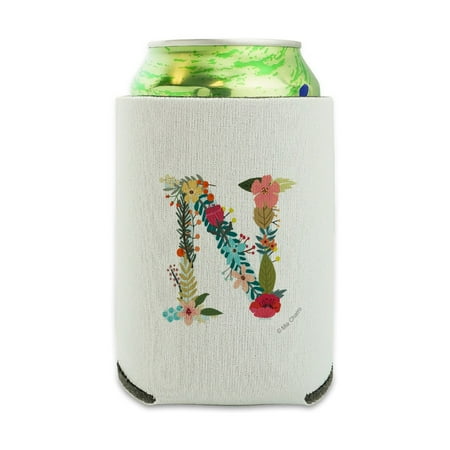 

Letter N Floral Monogram Initial Can Cooler - Drink Sleeve Hugger Collapsible Insulator - Beverage Insulated Holder