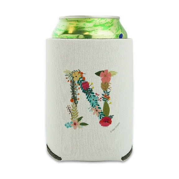 Letter N Floral Monogram Initial Can Cooler - Drink Sleeve Hugger Collapsible Insulator - Beverage Insulated Holder