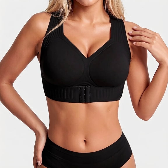 Posture Bra for Women Wireless Bra Supportive Back Push Up Bra Comfort Soft Underwire Full Coverage Breathable Underwear(Black,XL)