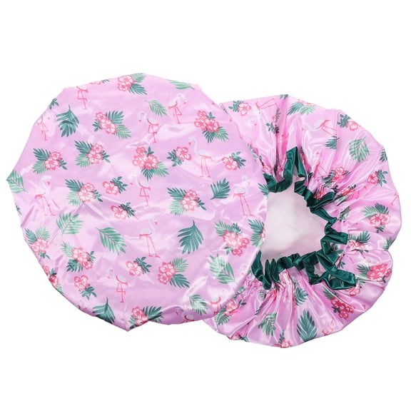 MUSEYA Wofashpuret Reusable Elastic Shower Cap, Double Layer Satin Silk Waterproof Hair Protector for All Hair Types, 2pcs Flamingo Pattern