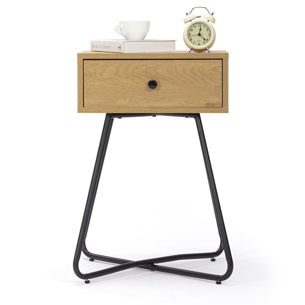 Kadyn Modern Nightstand, End Table with Drawer, Cross Legs, Bedside Table for Closet, Living Room, Oak-1PCS