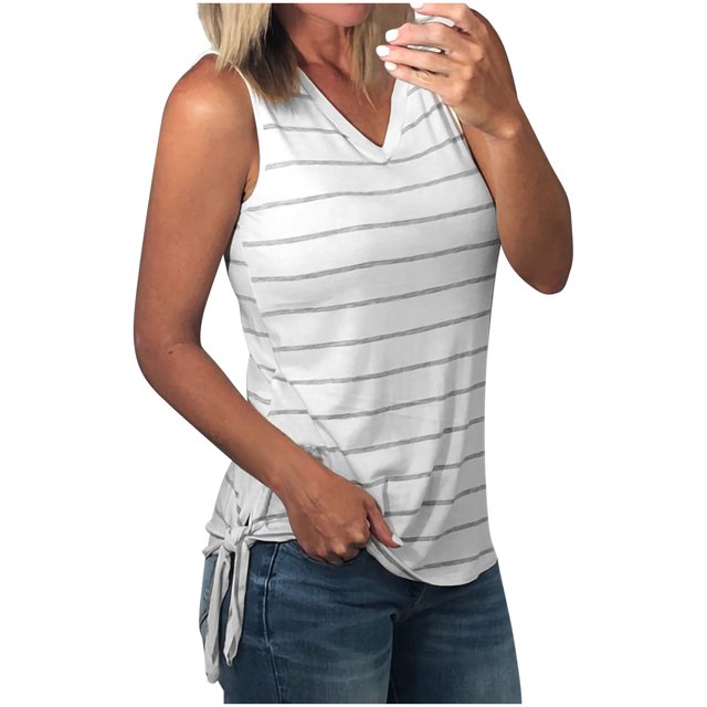 Blusa estampada a rayas de verano para mujer, camisetas informales con cuello en V sin mangas, camisetas sin mangas Pompotops lopia999967