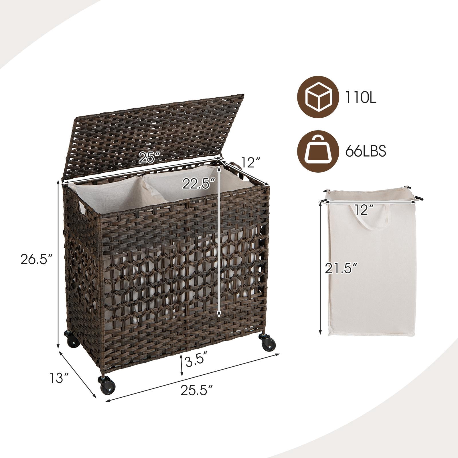 Giantex  Laundry Hamper, Basket  w/Wheels & Lid, Large Storage Clothes Basket for Home
