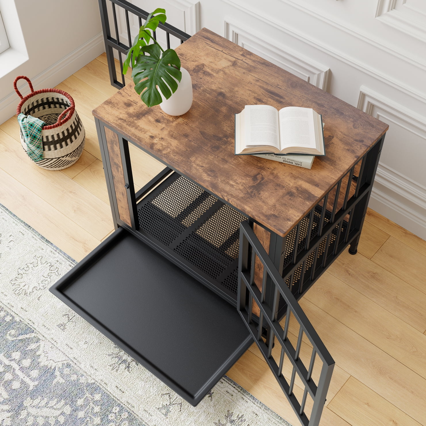 27.48" Dog Crate Furniture, Wooden Dog Crate Table Dog Kennel with 2 Sliding Doors and Thick Iron Door Frame, Indoor Decorative Pet Crate House for Small Medium Dog, Rustic Brown