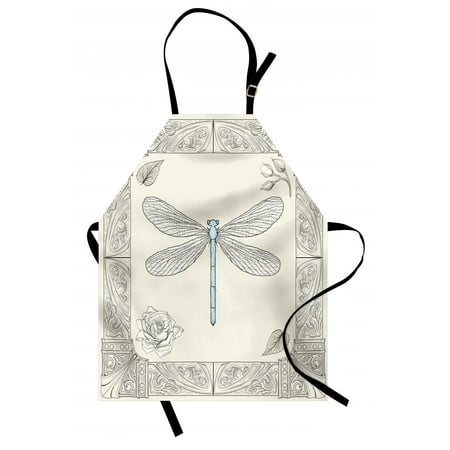 - Dragonfly Apron Hand Drawn Royal Ancient Style Rose Petals Leaves and Ornate Figures Design, Unisex Kitchen Bib Apron with Adjustable Neck for Cooking Baking Gardening, Black Pale Blue, by Ambesonne