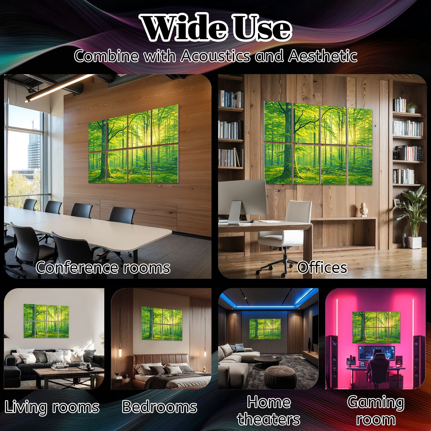 8 Pack Art Acoustic Panels Sound Absorbing Green Natural Beech Tree Forest illuminated Sunbeams Fog Decorative Soundproof Wall Panels Self Adhesive for Nursery Game Room Bedroom 48"x32"