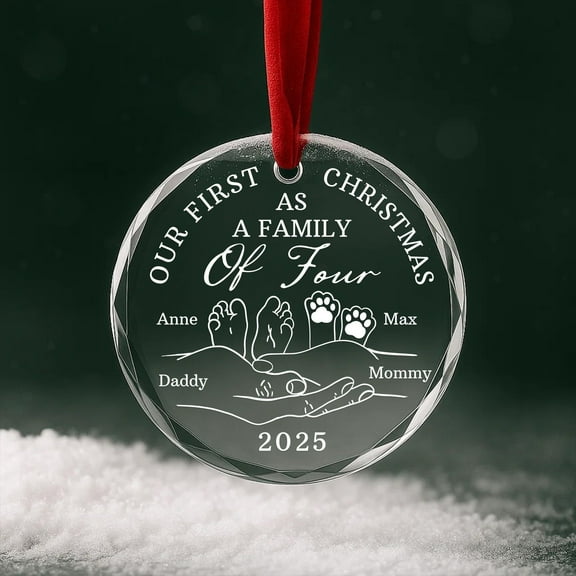 Our first Christmas as a family of four glass ornament, personalized names keepsake with pet, custom 2025 family holiday decoration
