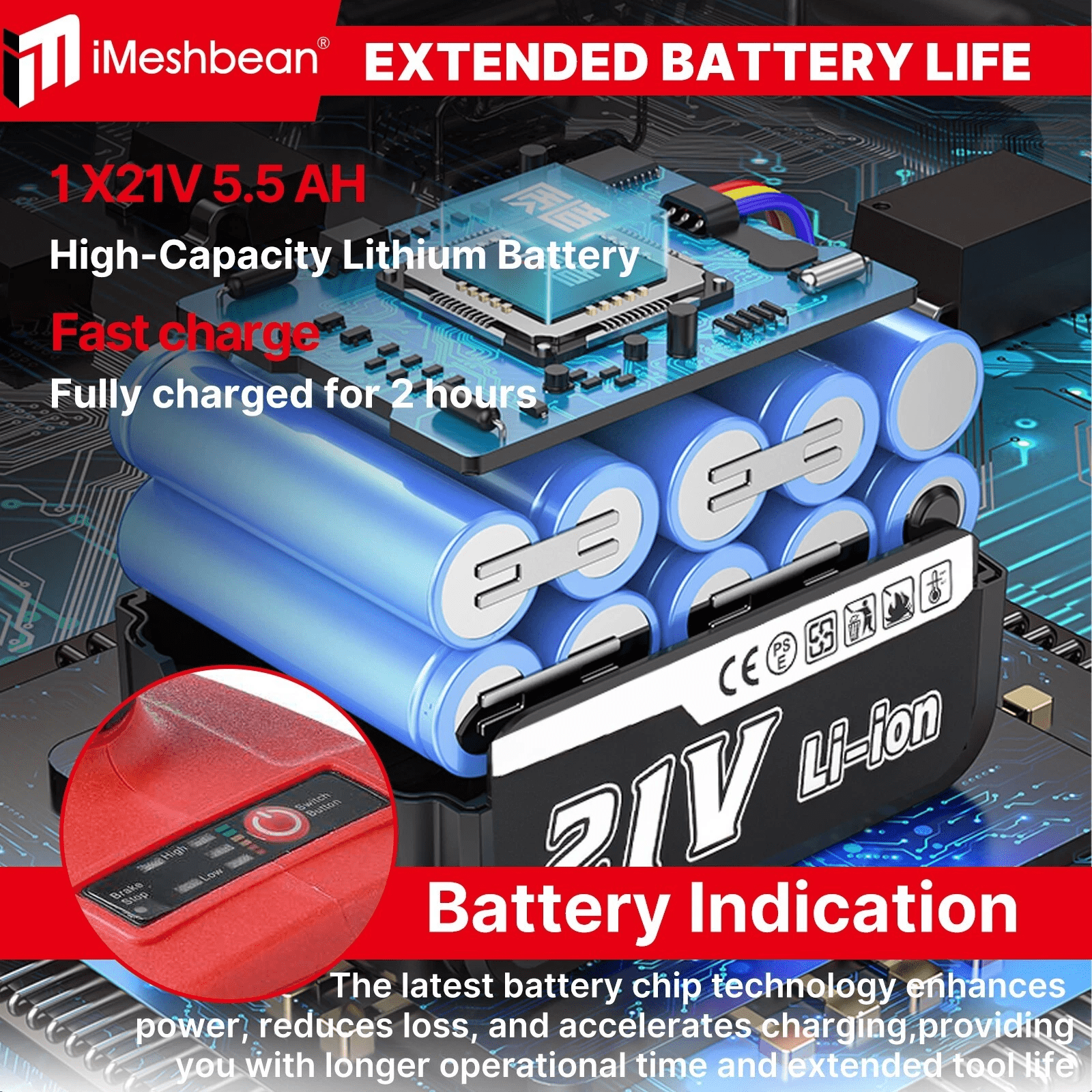 iMeshbean 600 N.m Cordless Electric Impact Wrench 1/2'' High Power Screwdriver Li-ion Battery