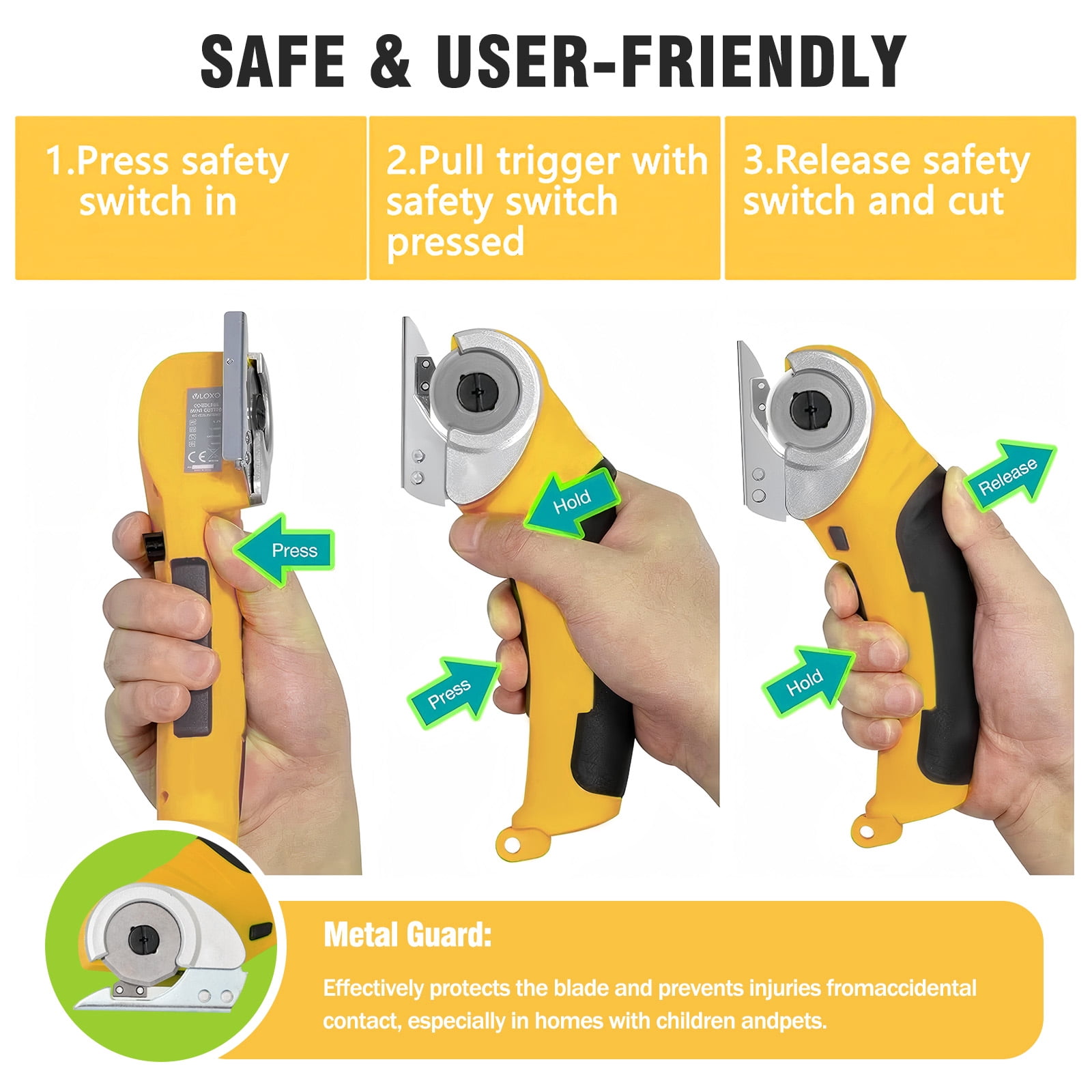 Cordless Electric Scissors, Cardboard Cutter, Rechargeable Powerful 4V Scissor Cutting Tool for Cardboard, Fabric, Leather, Yellow
