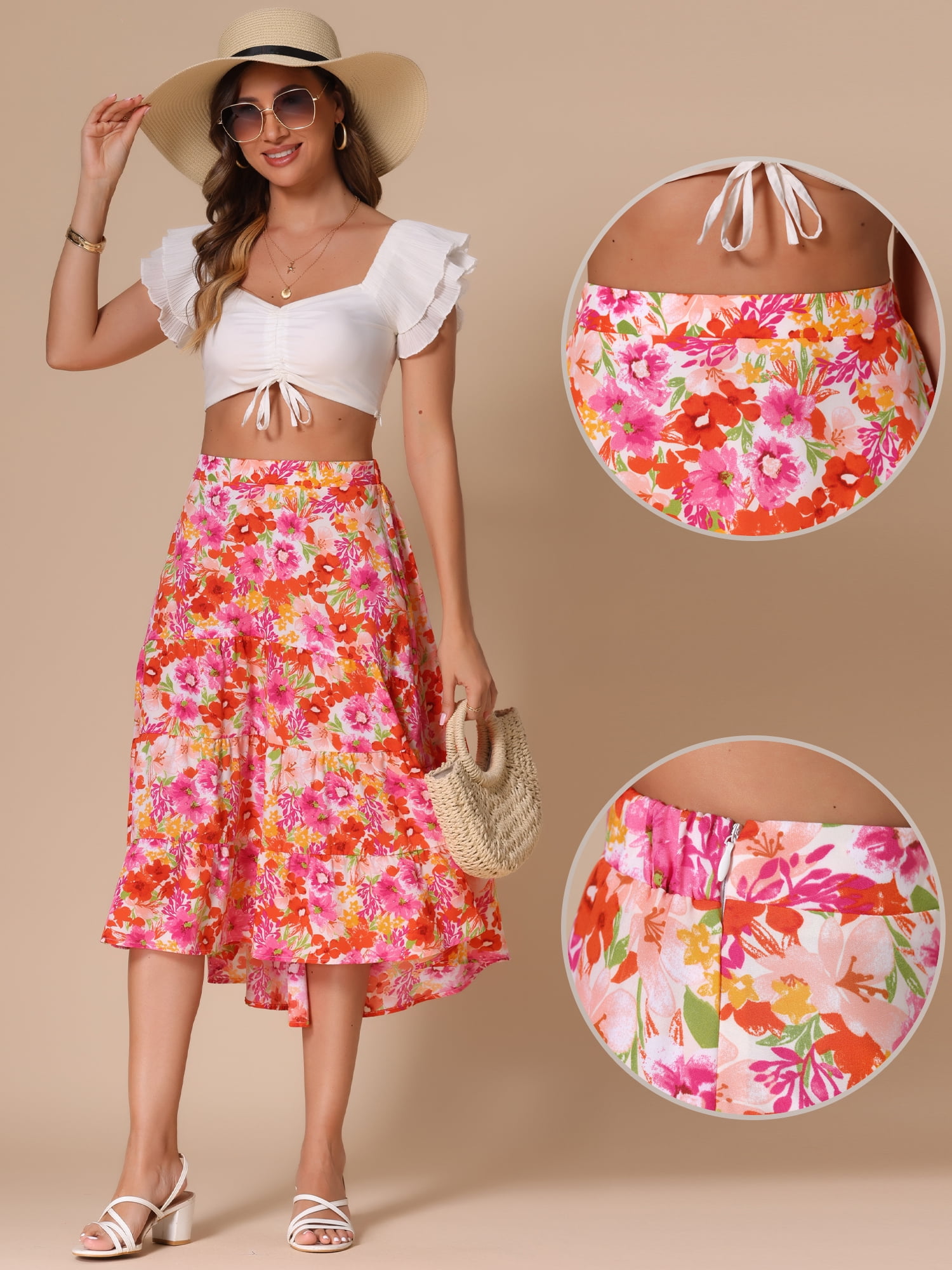 DARING DIVA Women's Boho Floral High Low Hem Elastic High Waist Midi Skirt S