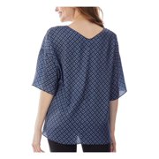 JONES NEW YORK Womens Navy Printed Elbow Sleeve V Neck Top M