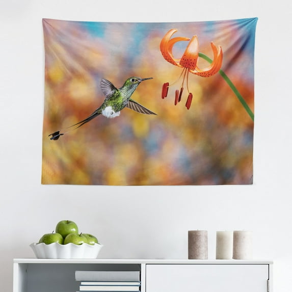 Hummingbird Tapestry, Bird is Flying Flowered Branch Floral Nature Illustration, Fabric Wall Hanging Decor for Bedroom Living Room Dorm, 2 Sizes, Orange Green, by Ambesonne